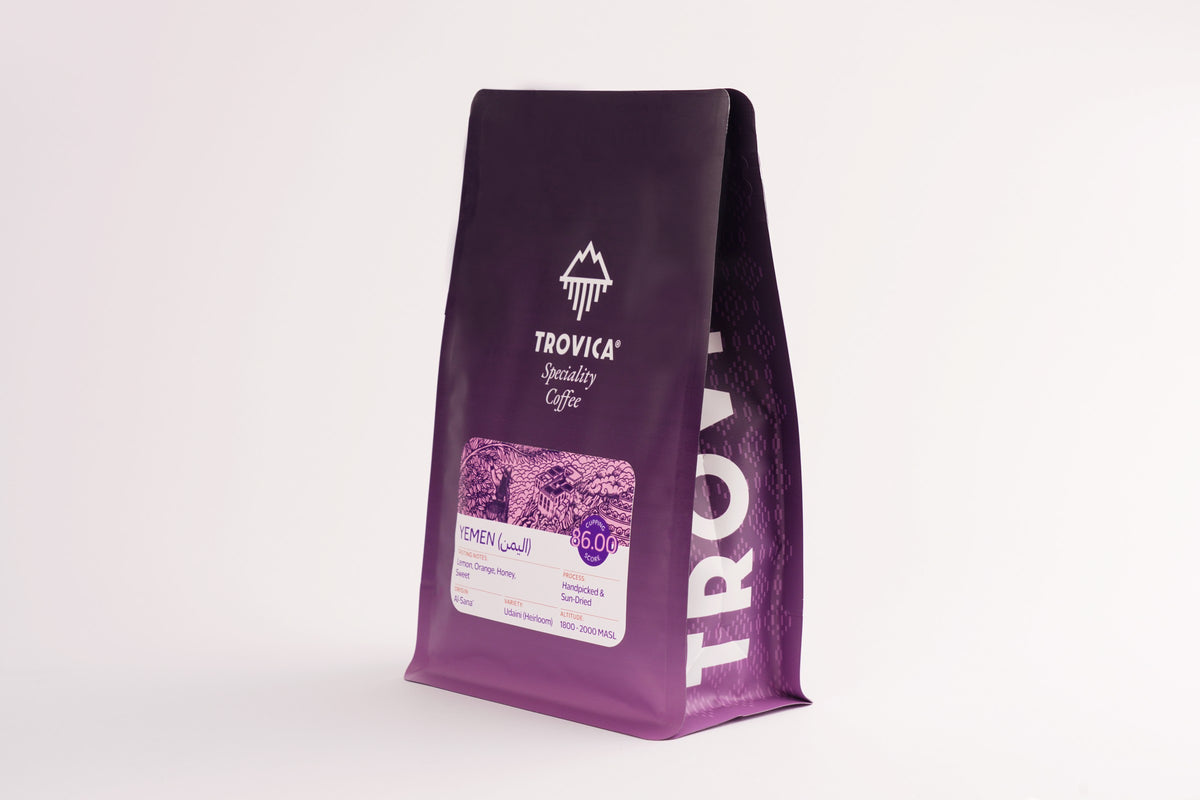 TROVICA Al-Sana' Yemeni specialty coffee 200 g bag, three-quarter view