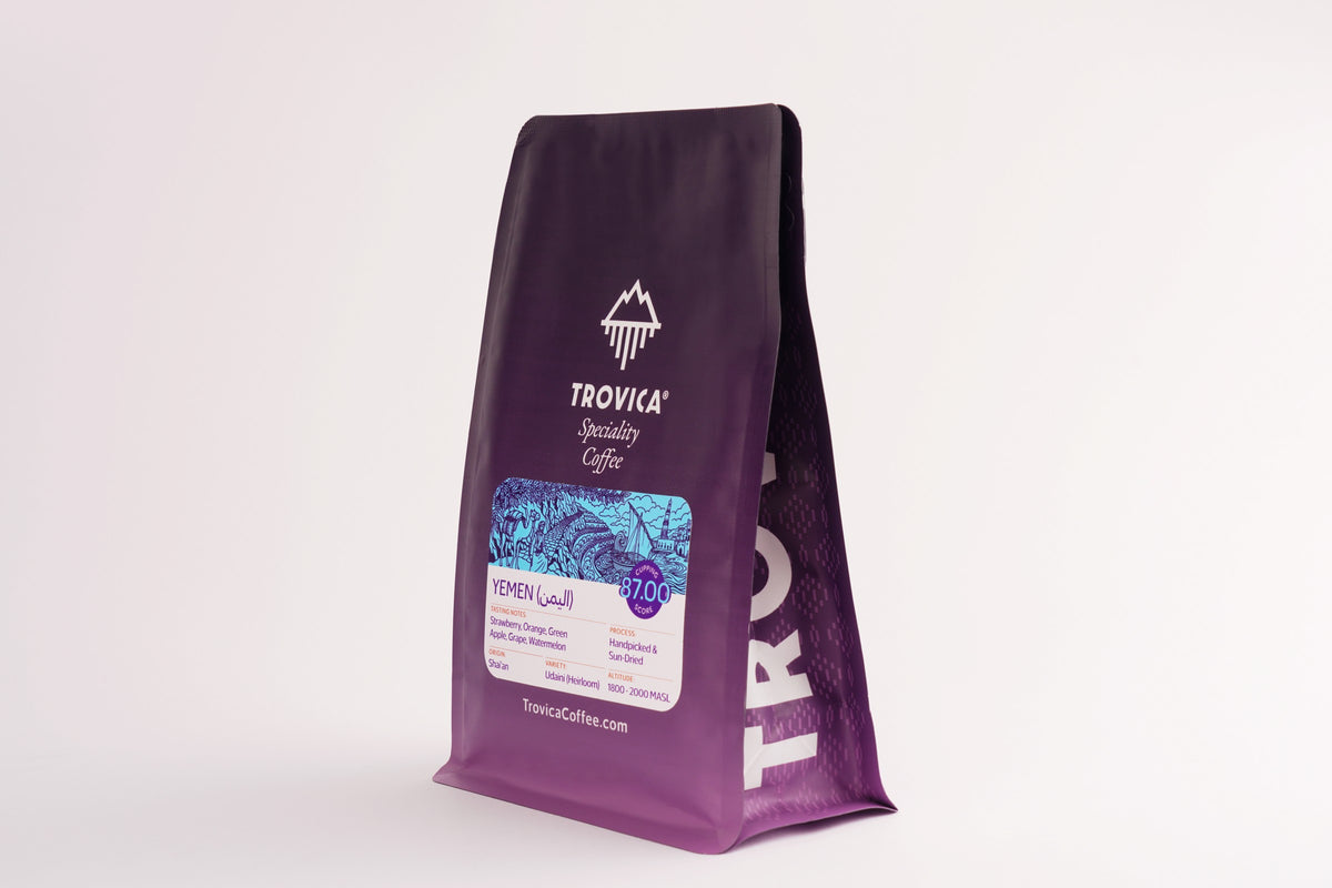 TROVICA Shai'an Yemeni specialty coffee 200 g bag, three-quarter view