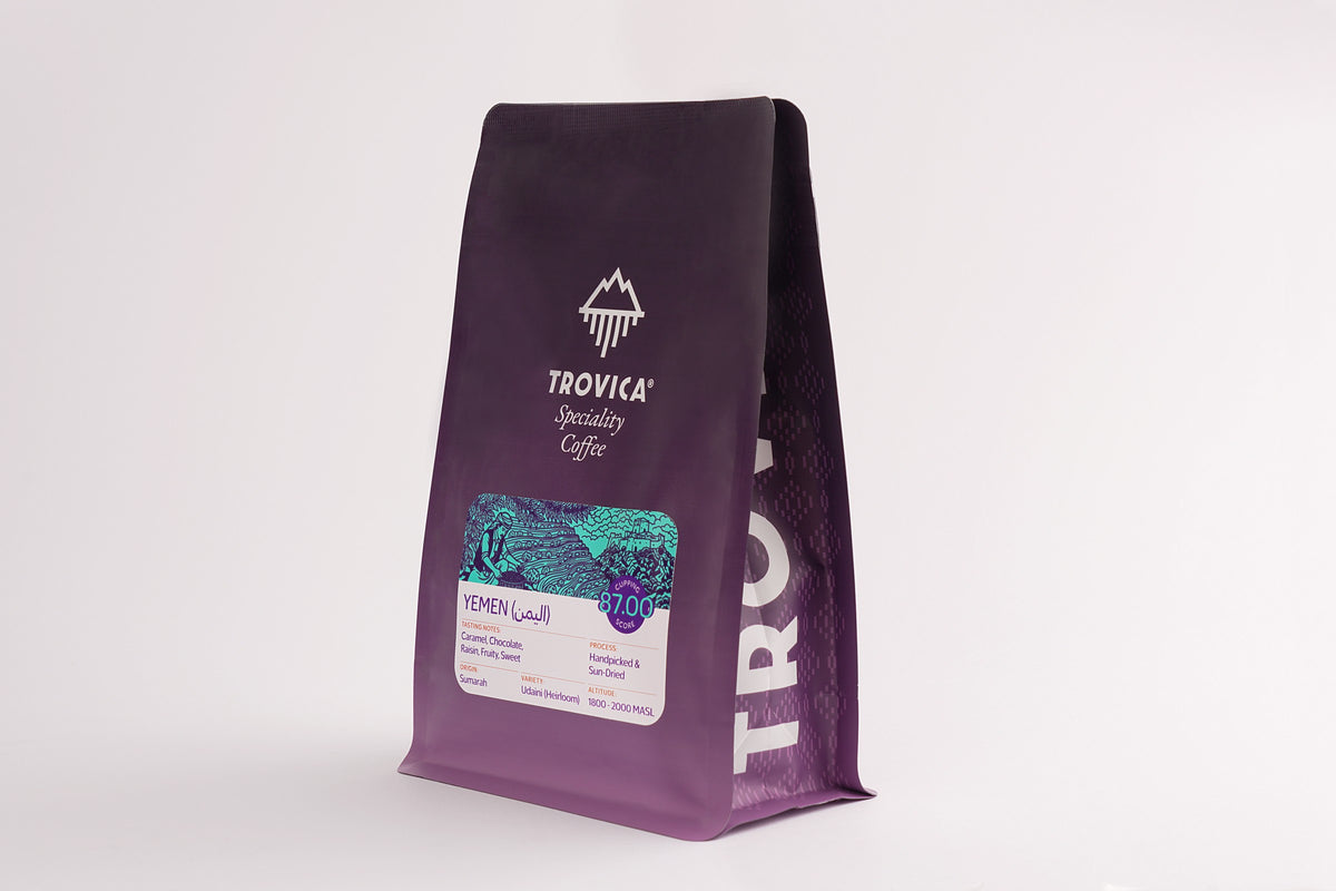 TROVICA Sumarah Yemeni specialty coffee 200 g bag, three-quarter view