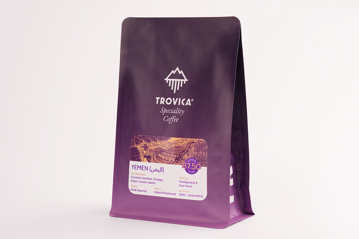 TROVICA Wadi Aljannat Yemeni specialty coffee 200 g bag, three-quarter view